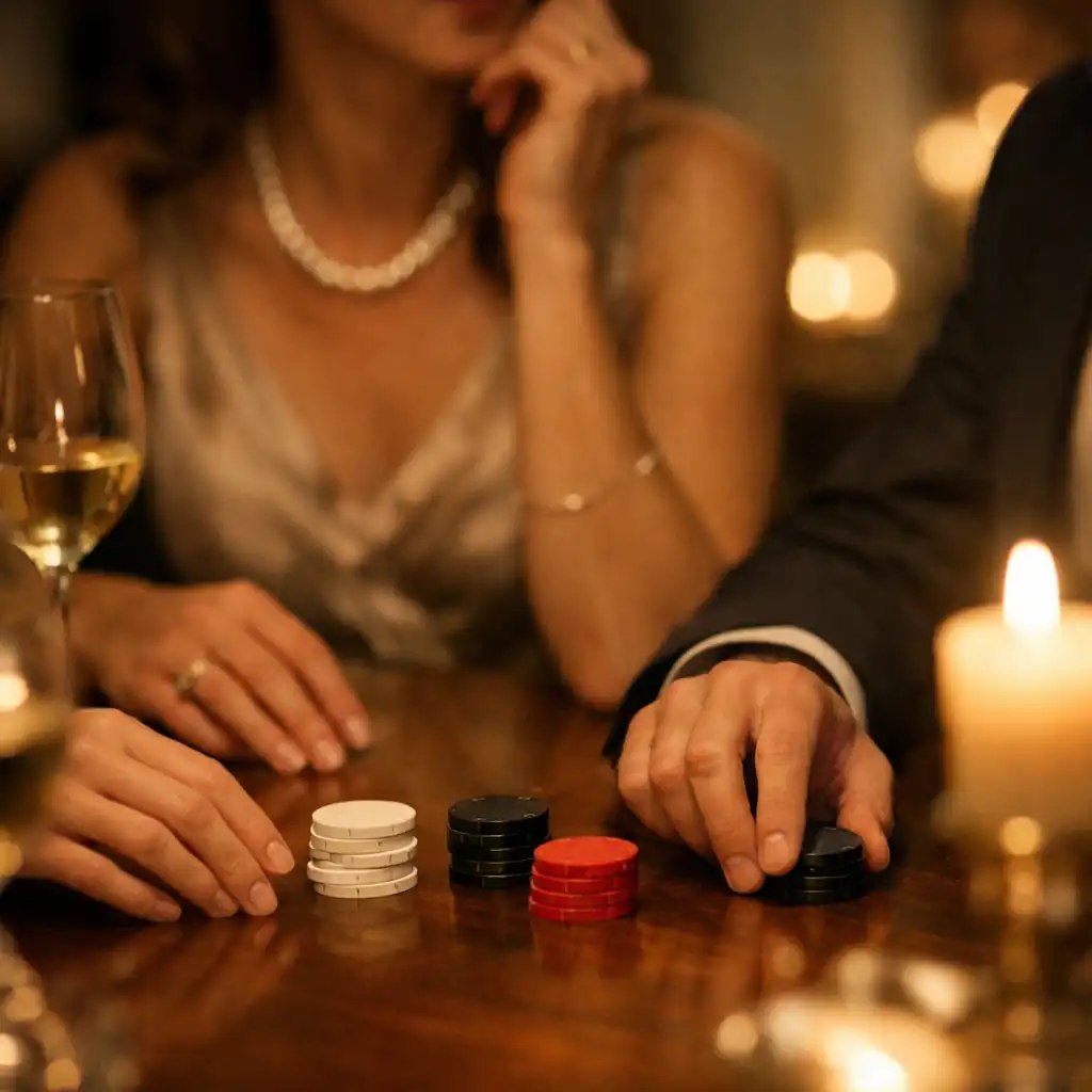 Interaction élégante autour d’une table avec éléments symboliques