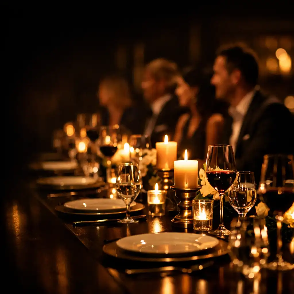 Dîner privé élégant avec bougies et convives