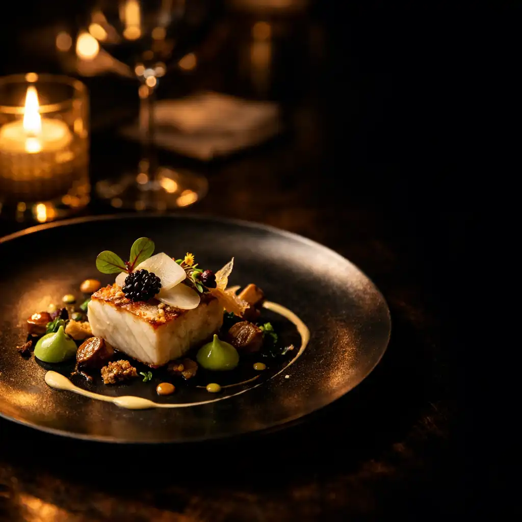 Plat gastronomique raffiné éclairé à la bougie