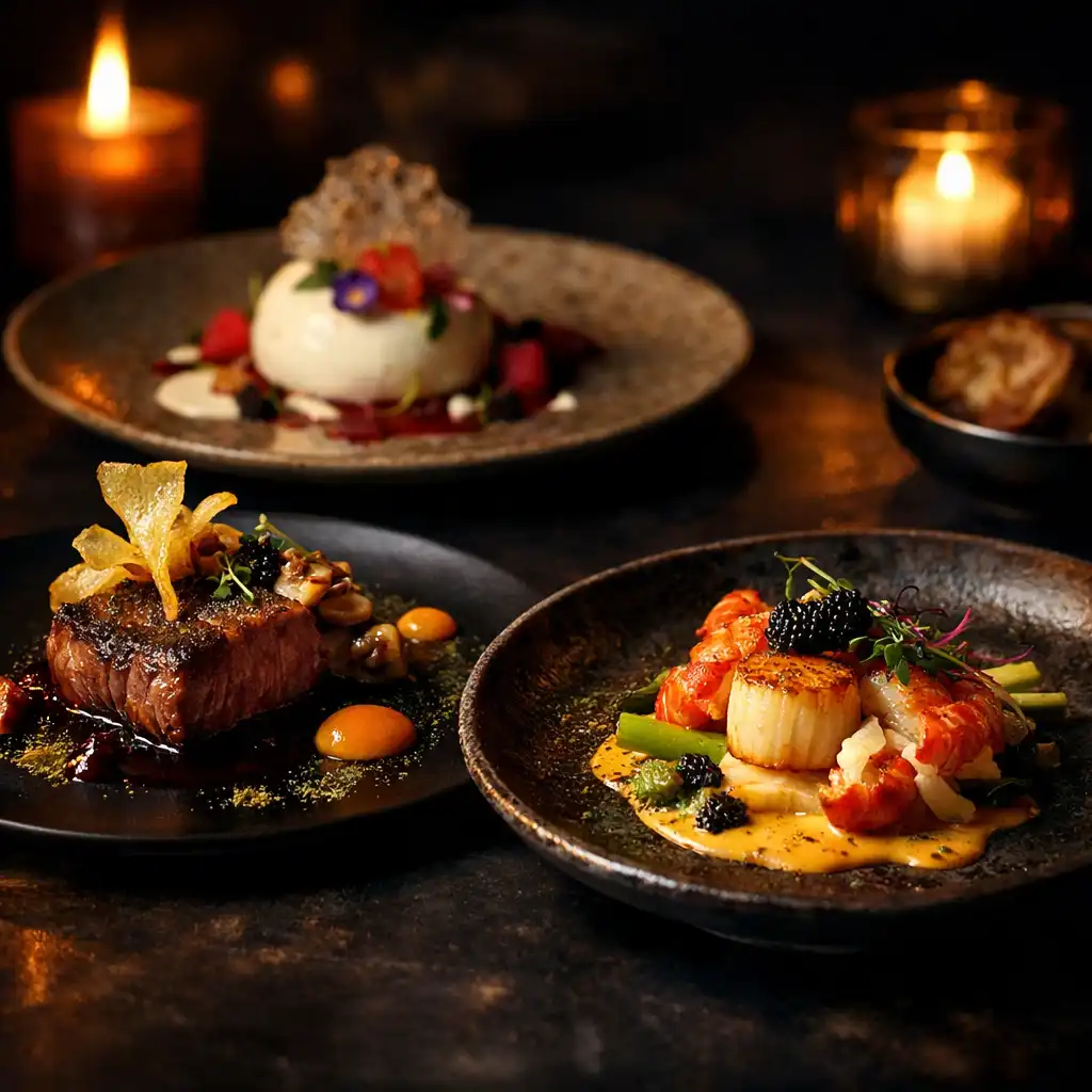 Plats gastronomiques élégants en lumière tamisée