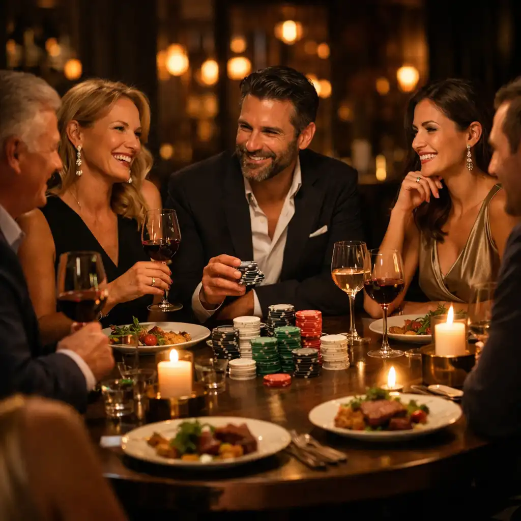 Soirée élégante avec convives autour d'une table et jetons symboliques